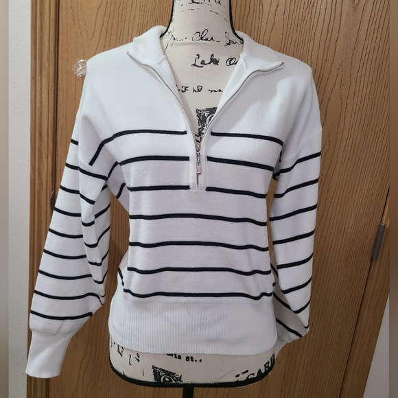 Laundry By Shelli Segal Sweaters - Laundry By Shelli Segal Half Zip Preppy Nautical Coastal Grandma Striped Sweater